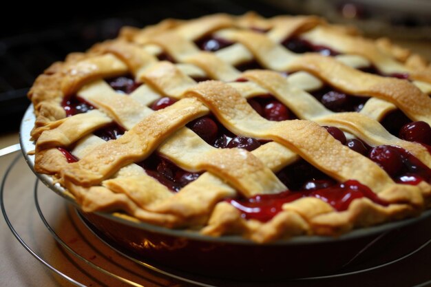 Photo cherry pie with lattice crust and a sprinkling of sugar on top created with generative ai