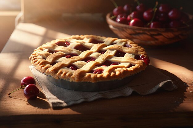 A cherry pie with a lattice top sits on a table next to a basket of cherries.