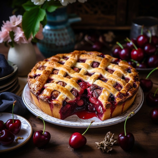 Cherry pie on wooden background top view closeup