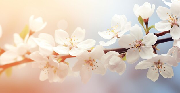 A cherry plum branch with white flowers in delicate light tones spring blossom background