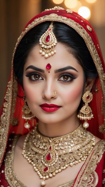 チェリー・レッド・エレガンス 魅力的なインド人新婦の肖像画 豊かな赤いレヘンガに輝く 時代を超えた新婦の美しさ