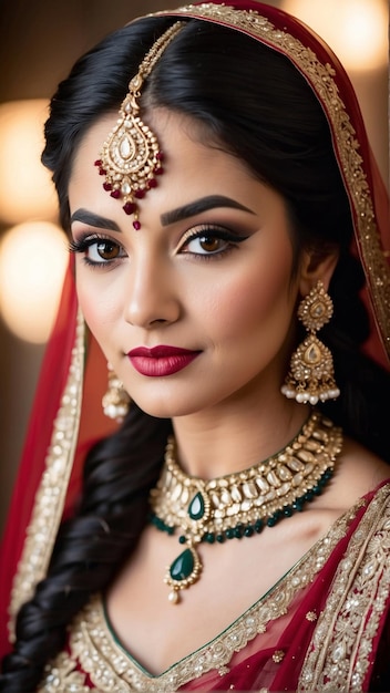 Cherry Red Elegance Enchanting Portrait of an Indian Bride in a Rich Red Lehenga Radiating Timeless Bridal Beauty generative ai