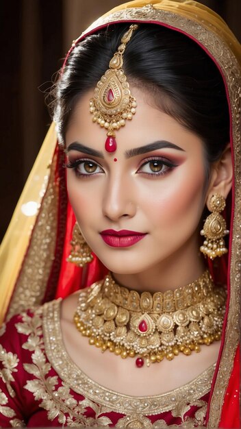 Cherry Red Elegance Enchanting Portrait of an Indian Bride in a Rich Red Lehenga Radiating Timeless Bridal Beauty generative ai