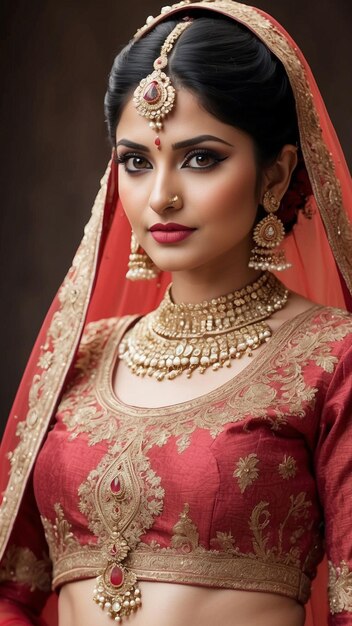 Cherry Red Elegance Enchanting Portrait of an Indian Bride in a Rich Red Lehenga Radiating Timeless Bridal Beauty generative ai