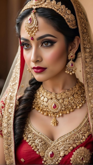 Cherry Red Elegance Enchanting Portrait of an Indian Bride in a Rich Red Lehenga Radiating Timeless Bridal Beauty generative ai