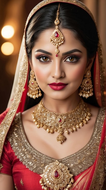 Cherry Red Elegance Enchanting Portrait of an Indian Bride in a Rich Red Lehenga Radiating Timeless Bridal Beauty generative ai