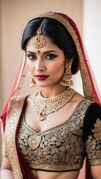 Черно-вишневая элегантность очаровательный портрет индийской невесты в богатой красной лехенге, излучающей вечную красоту невесты