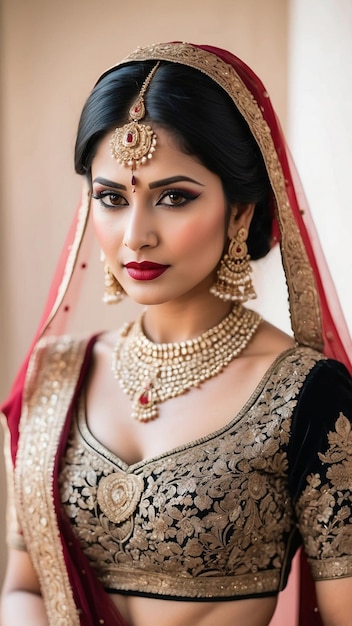 Cherry Red Elegance Enchanting Portrait of an Indian Bride in a Rich Red Lehenga Radiating Timeless Bridal Beauty generative ai