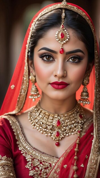 写真 チェリー・レッド・エレガンス 魅力的なインド人新婦の肖像画 豊かな赤いレヘンガに輝く 時代を超えた新婦の美しさ