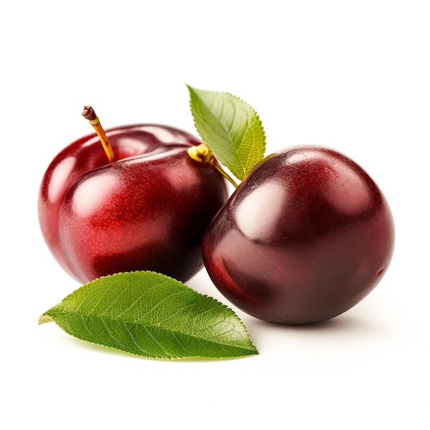 cherry red plum with leaf isolated on white background