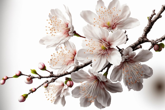 Cherry sakura flowers blossom in full bloom on a cherry tree branch fading in to white illustration