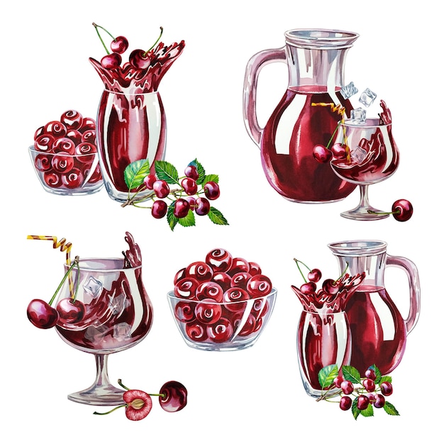 Cherry set Cherry fruits and cherry juice in a glass and jug Watercolor hand drawn illustration