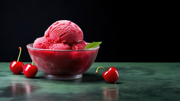 Cherry sorbet in a glass bowl with fresh cherries on the side