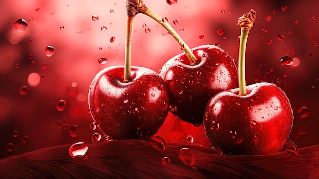 Cherry Splash A Dynamic Image of Three Fresh and Ripe Cherries Splashing Water on a Red Background