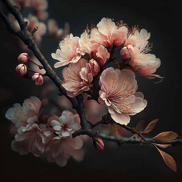 Cherry Spring Blossom sakura tree in dark shades illustration