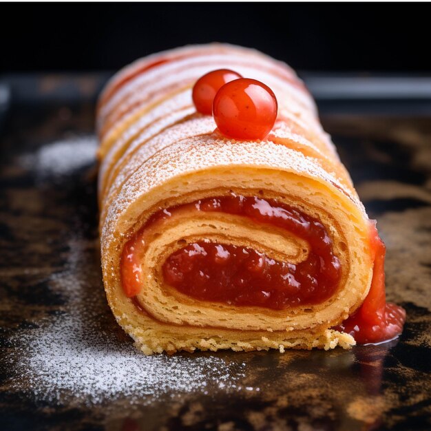 Cherry strudel with cream and strawberry on a black background