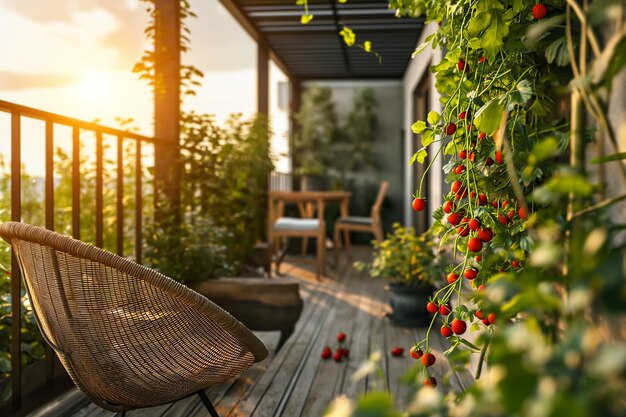 夕暮れ の 陽台 の 庭 に 植え られ て いる チェリー の トマト