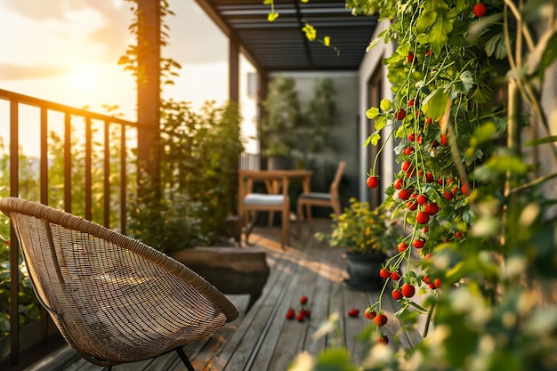 写真 cherry tomato plants on a balcony garden at sunset