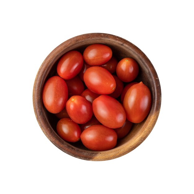 Cherry tomatoes on a bowl isolated over white background.