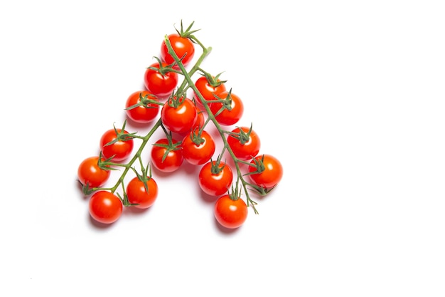 Ветвь томатов черри изолированная на белой поверхности. Красный помидор. Помидоры на ветке. Изолированная поверхность. Статья о овощах. Украшение. Скопируйте пространство.