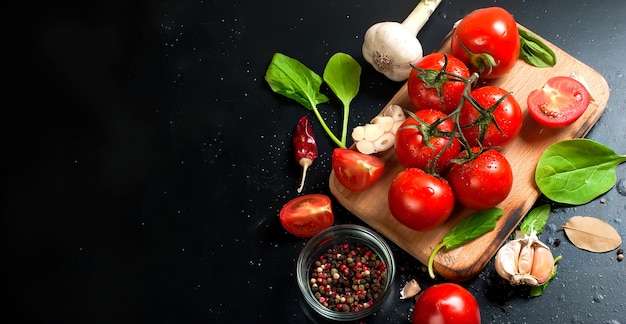 Cherry tomatoes on a branch, spinach leaves and spice