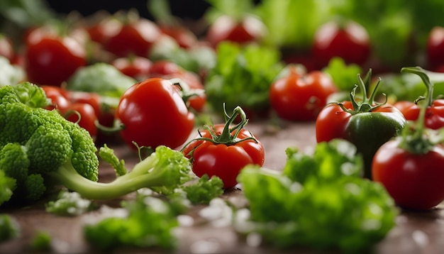 Cherry tomatoes and broccoli on a wooden background Selective focus