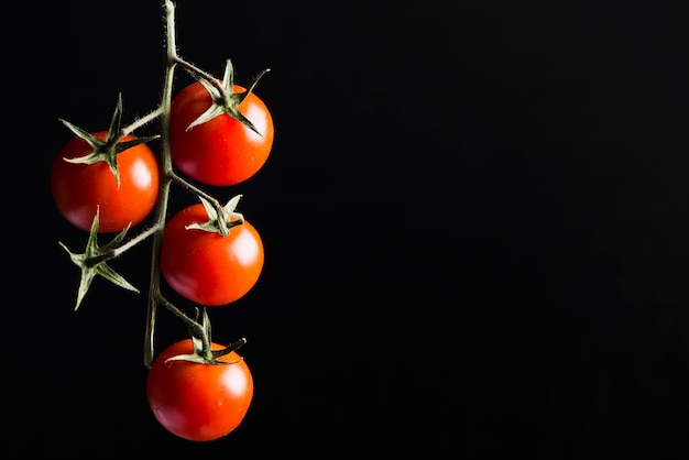 Foto pomodori ciliegia su sfondo scuro