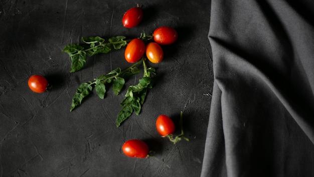 помидоры черри на темных и зеленых листьях, вид сверху