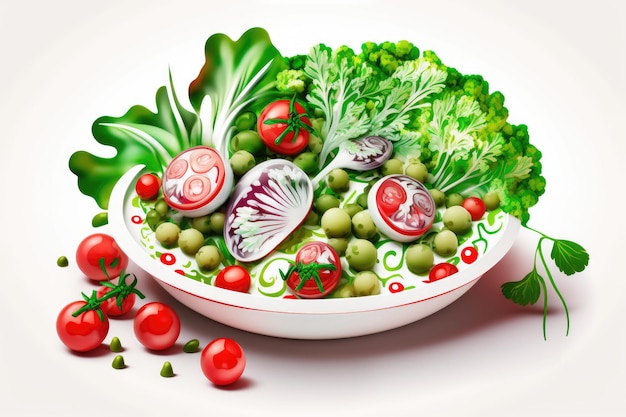Помидоры черри, зеленый и красный салат, лук-порей, весенний и красный лук, специи