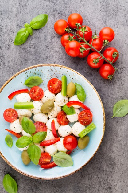 Cherry tomatoes, mozzarella cheese, basil and spices on gray slate stone chalkboard. Italian traditional caprese salad ingredients. Mediterranean food.