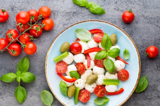 Cherry tomatoes, mozzarella cheese, basil and spices on gray slate stone chalkboard. Italian traditional caprese salad ingredients. Mediterranean food.