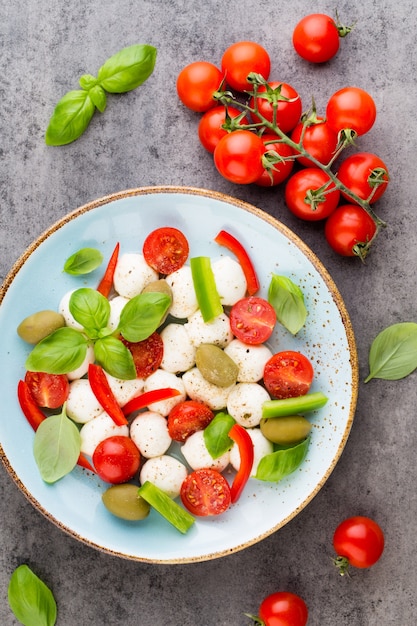 Cherry tomatoes, mozzarella cheese, basil and spices on gray slate stone chalkboard