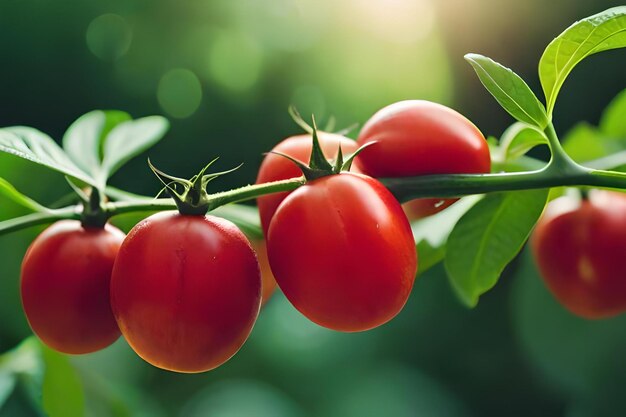 Cherry tomatoes on a plant with sun shining through the background