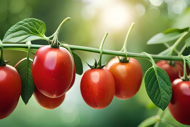 Cherry tomatoes on a plant with sun shining through the background