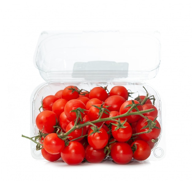 Cherry tomatoes in a plastic container.