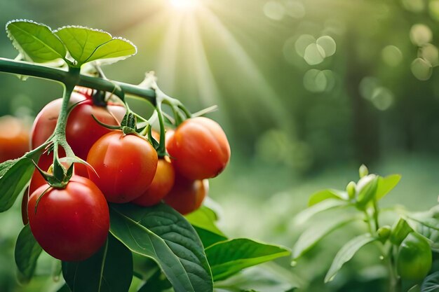 Cherry tomatoes on a tree with the sun shining through the leaves