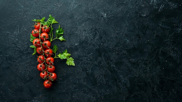 Cherry tomatoes on a twig on a black stone background Top view free space for your text Rustic style