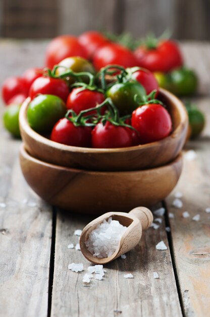 Cherry tomatoes in a wooden bowl