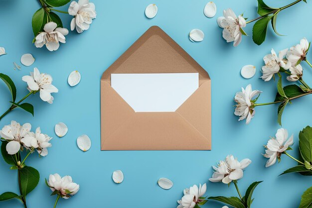 Cherry tree blossom branches with white spring flowers and envelope over blue background