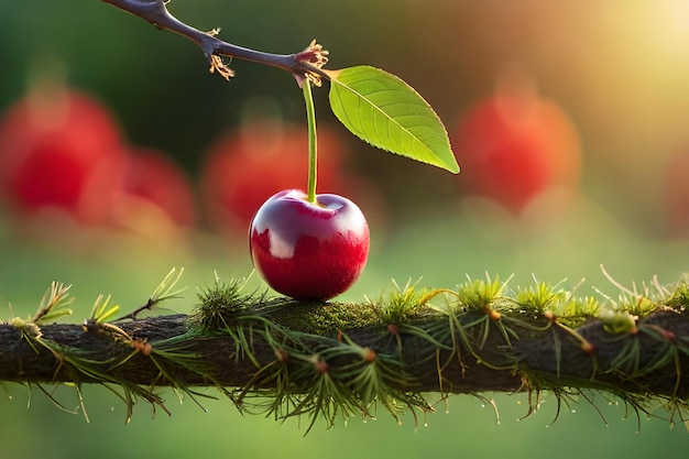 A cherry on a tree branch with the sun behind it.