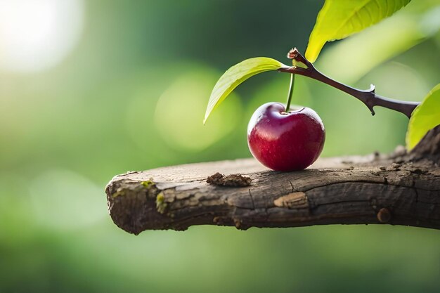 A cherry on a tree branch with the sun behind it