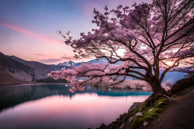 A cherry tree in front of a lake with a mountain in the background