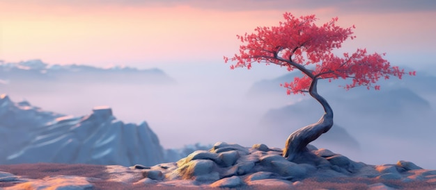 A cherry tree on a rocky mountain peak above the thick fog sunset background