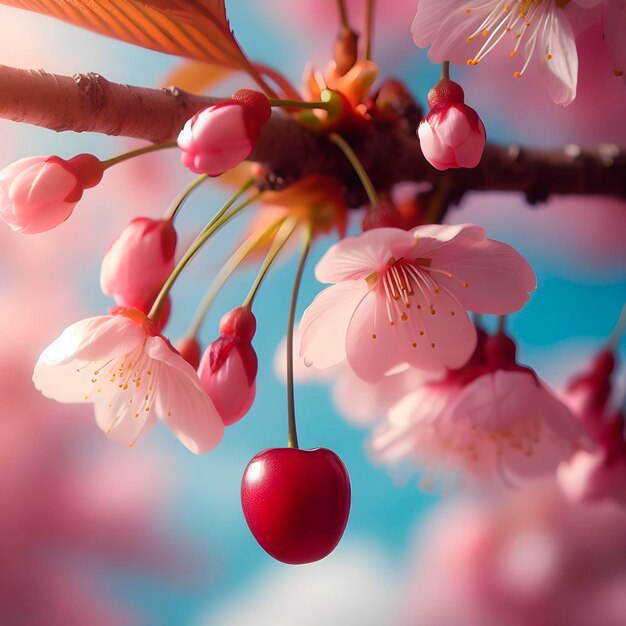 Photo a cherry tree with pink flowers and a branch