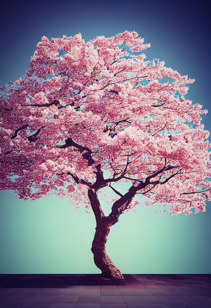 A cherry tree with pink flowers in the middle