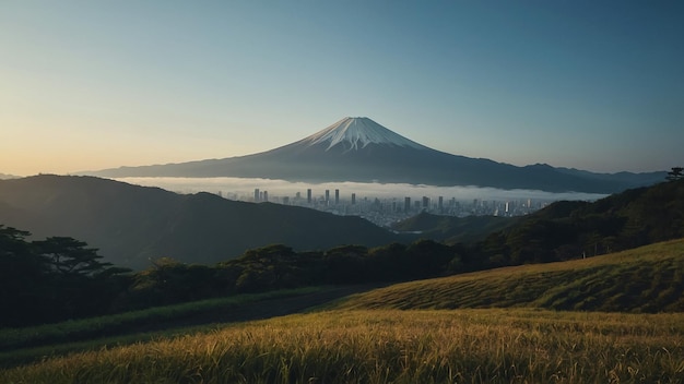 Photo cherry trees and lake under mount fuji clear cloudy sky at dusk super realistic and highly d