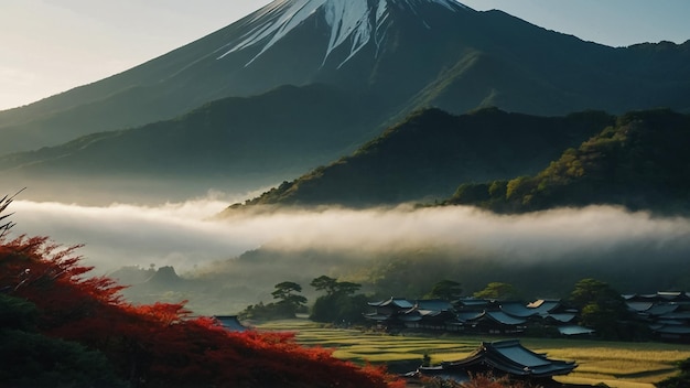 Cherry trees and lake under Mount Fuji clear cloudy sky at dusk super realistic and highly d