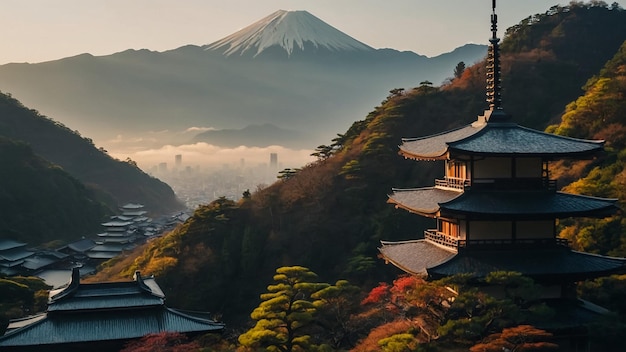 Photo cherry trees and lake under mount fuji clear cloudy sky at dusk super realistic and highly d