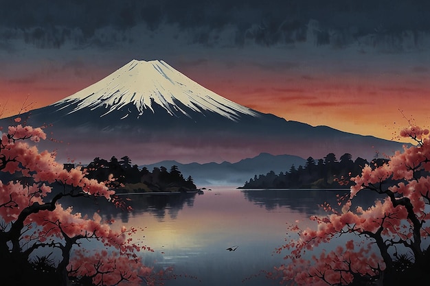 Cherry trees and lake under Mount Fuji clear cloudy sky at dusk super realistic Japanese pagoda