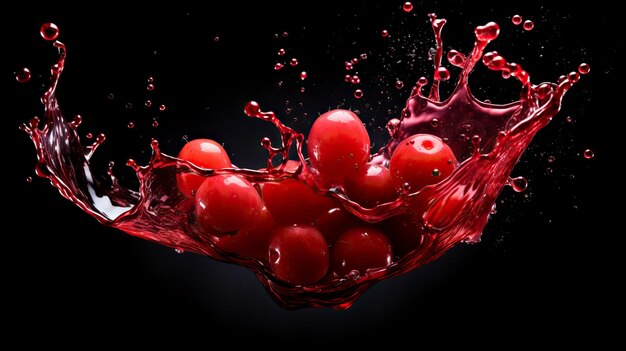 Cherry in water with splash isolated on black background Falling cherries and juice splash